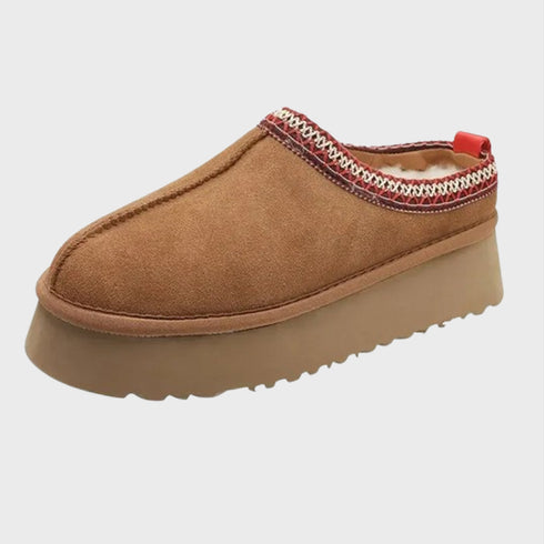 Women's Warm Plush Slip-on Platform Slippers with Stitching Design